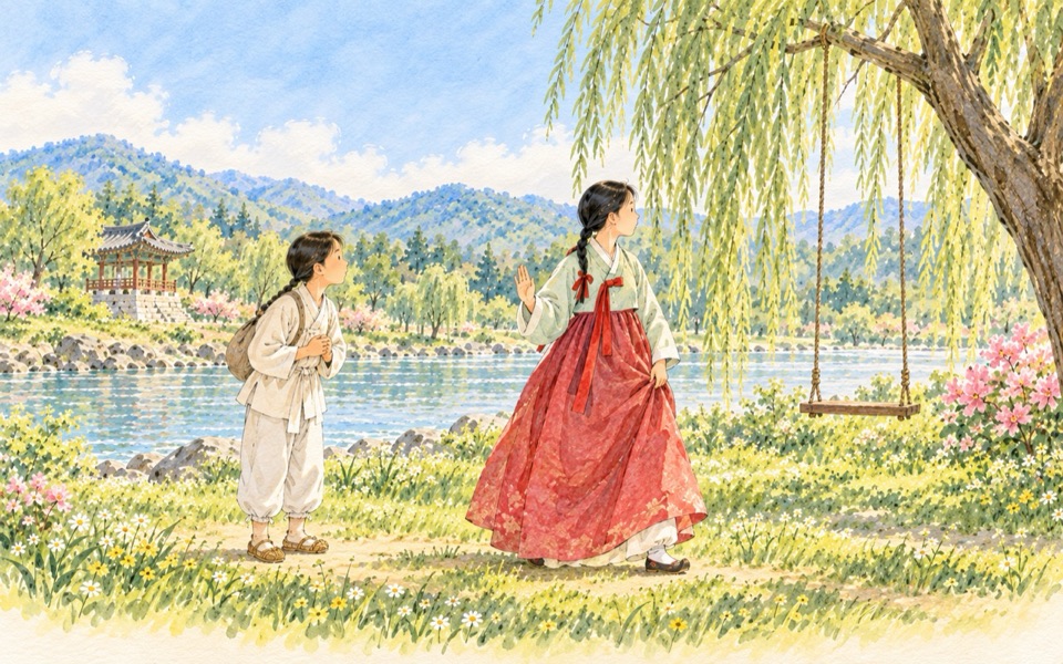 『춘향전』 삽화: 그네 곁의 춘향
