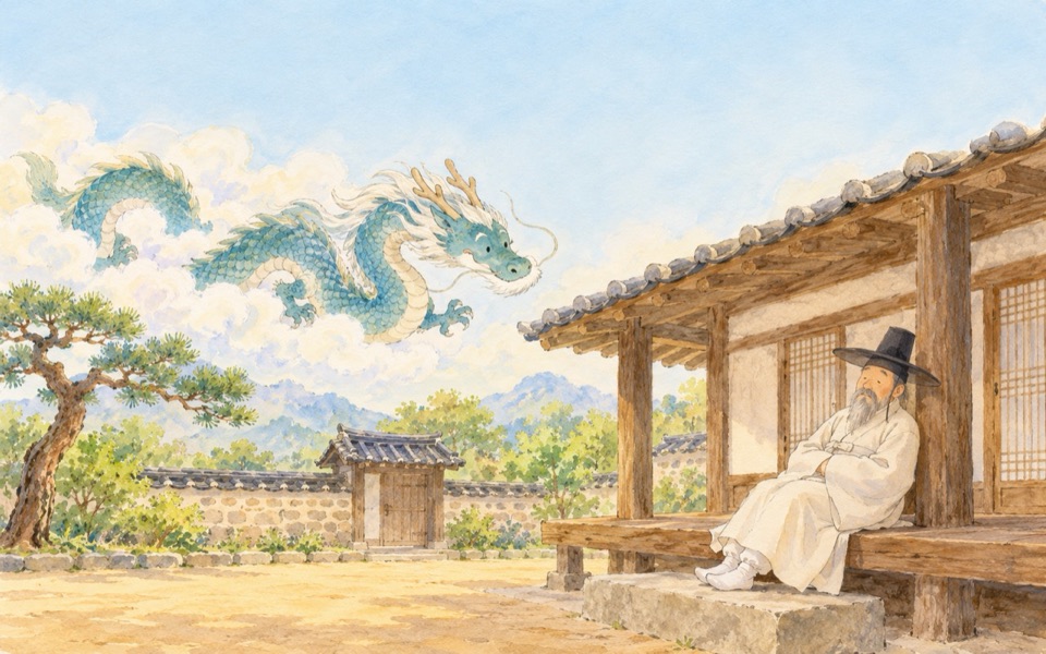 『홍길동전』 삽화: 하늘의 푸른 용을 바라보는 홍 판서